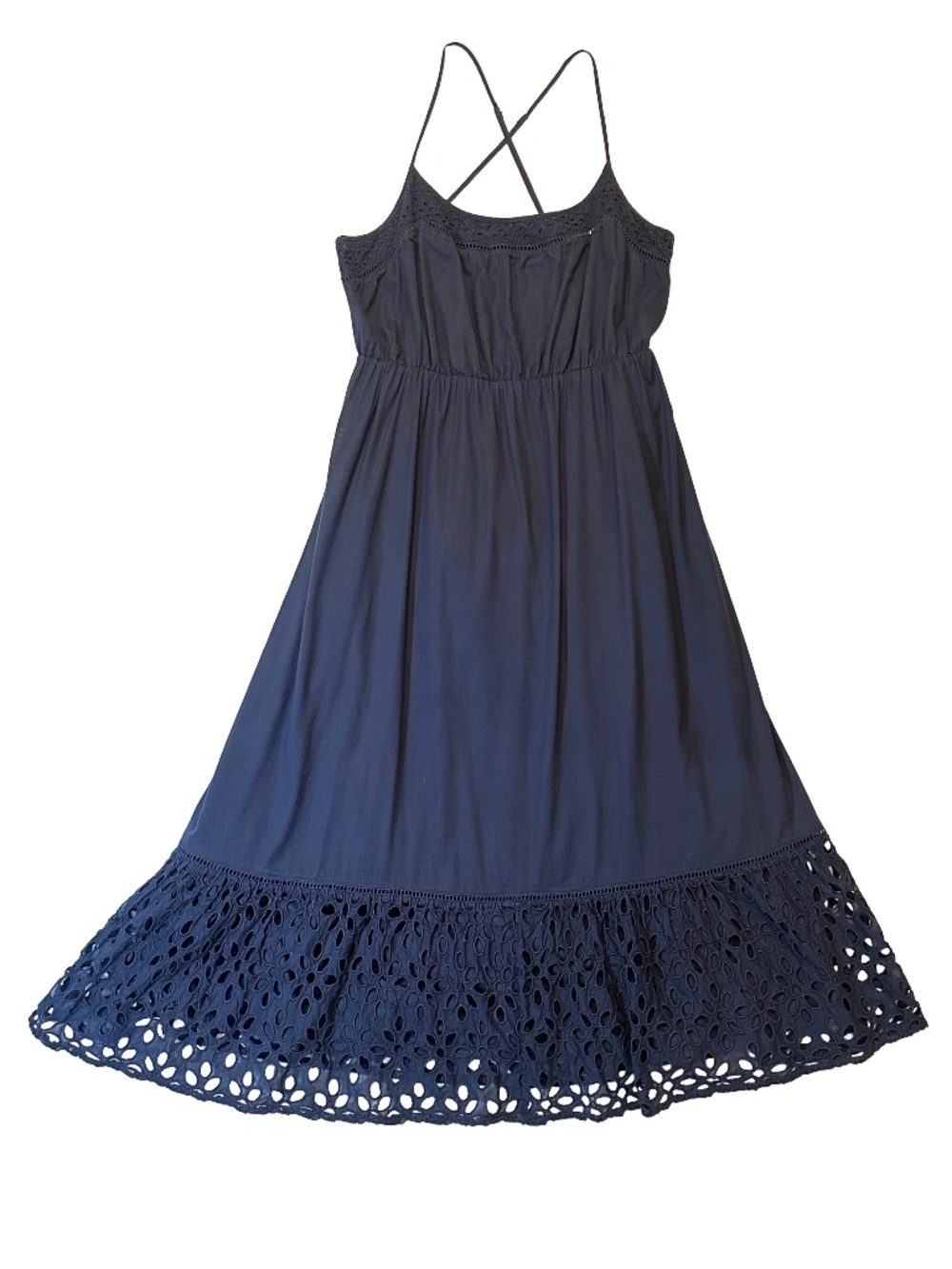J.Crew Navy Maxi Dress Smocked Empire Waist Criss Cross Back Size S Resort Wear